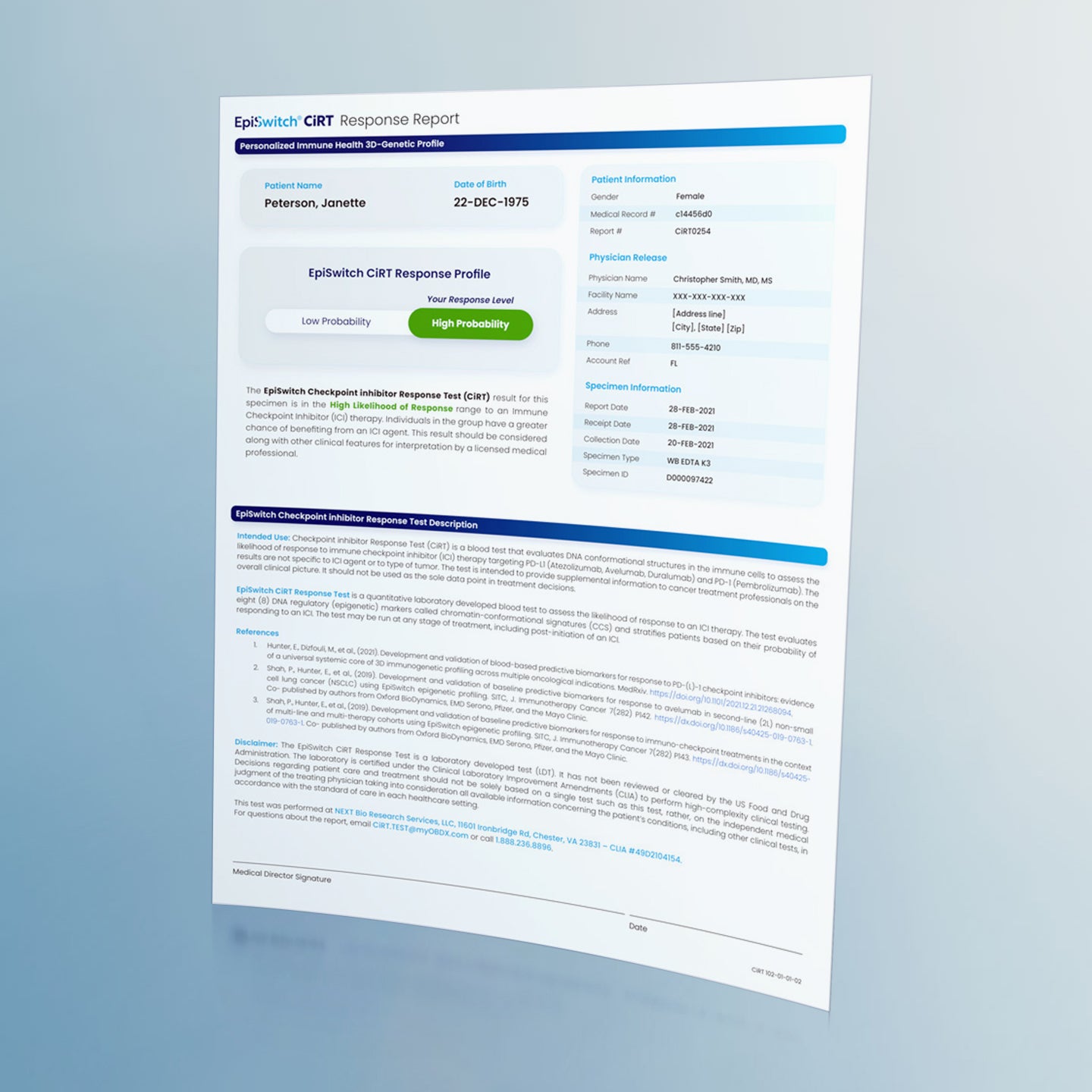 EpiSwitch CiRT Checkpoint inhibitor Response Report