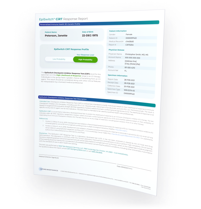 EpiSwitch CiRT Checkpoint inhibitor Response Test physician report