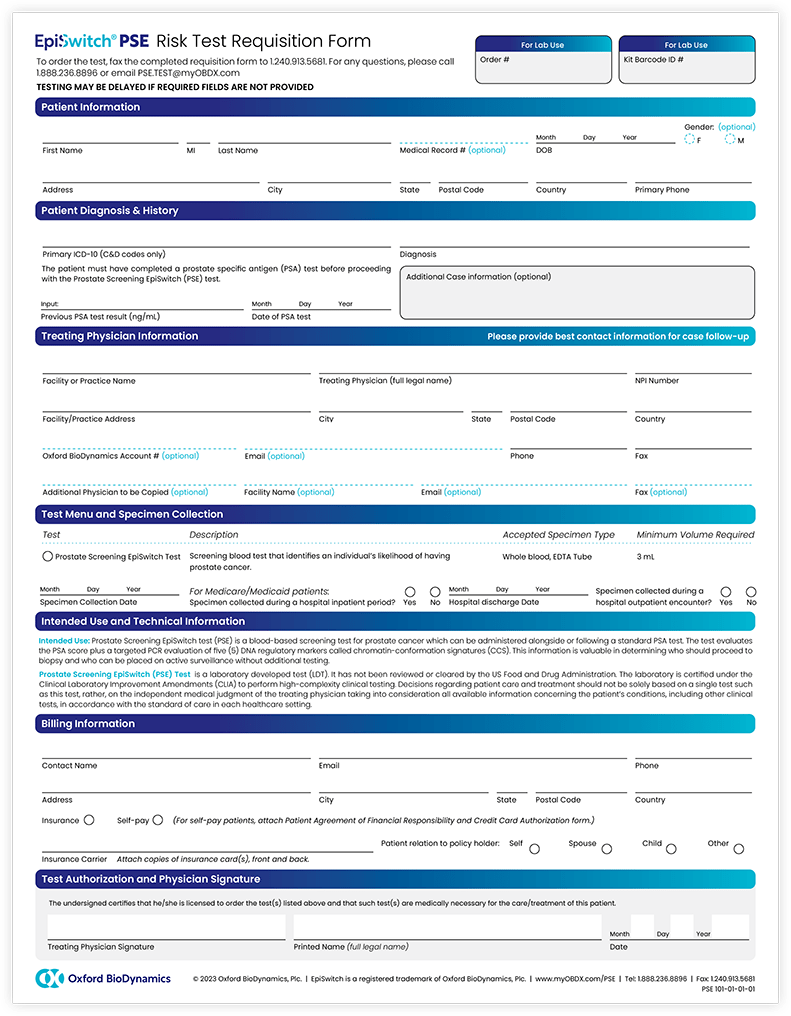 EpiSwitch PSE prostate cancer screening test requisition form